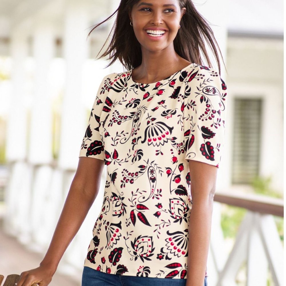 SALE Talbots Short Sleeve White Blouse with Black and Red Print, Size M, New